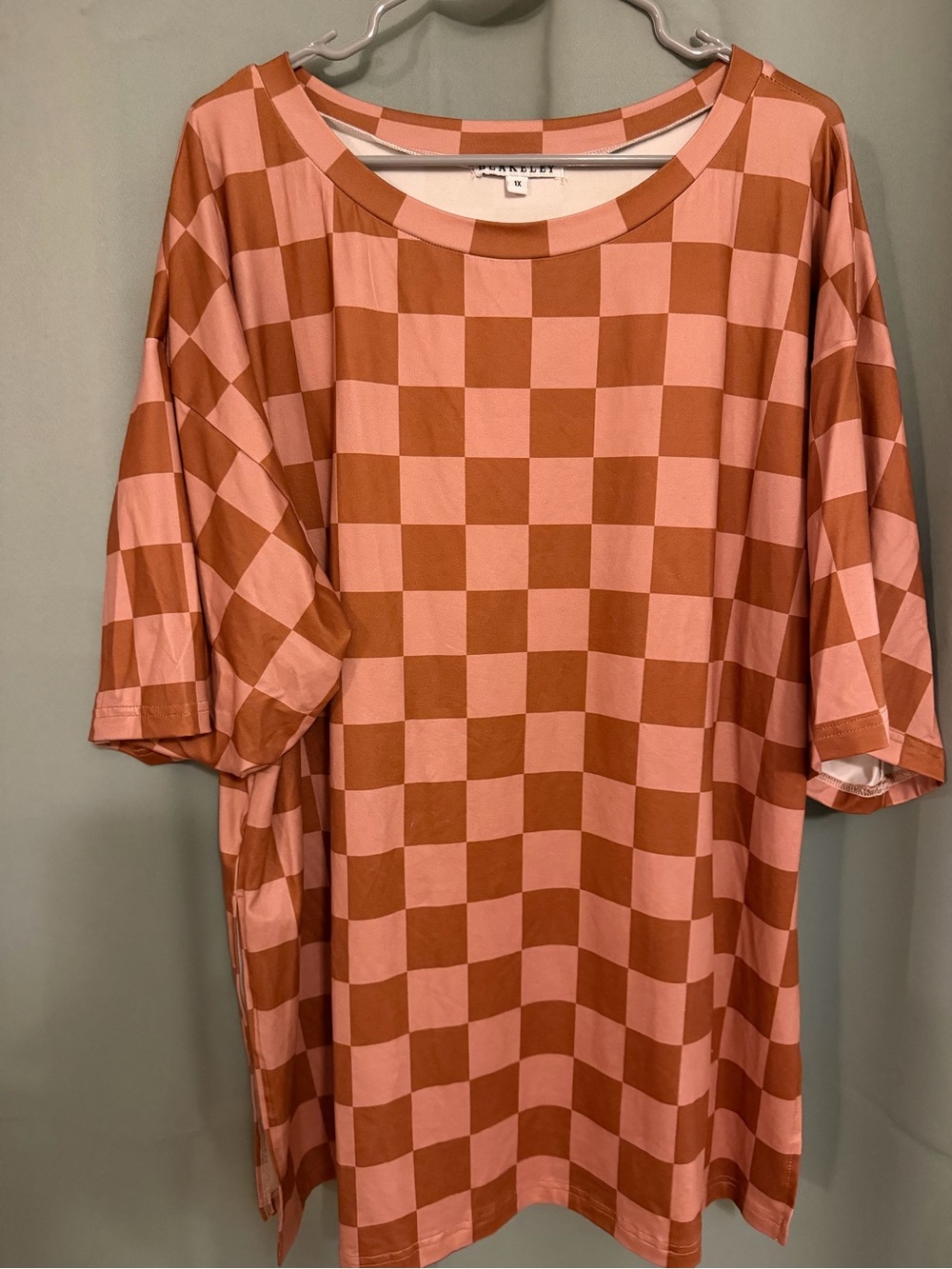 Relaxed Checkerboard Tee in Pink & Brown by Unknown Brand